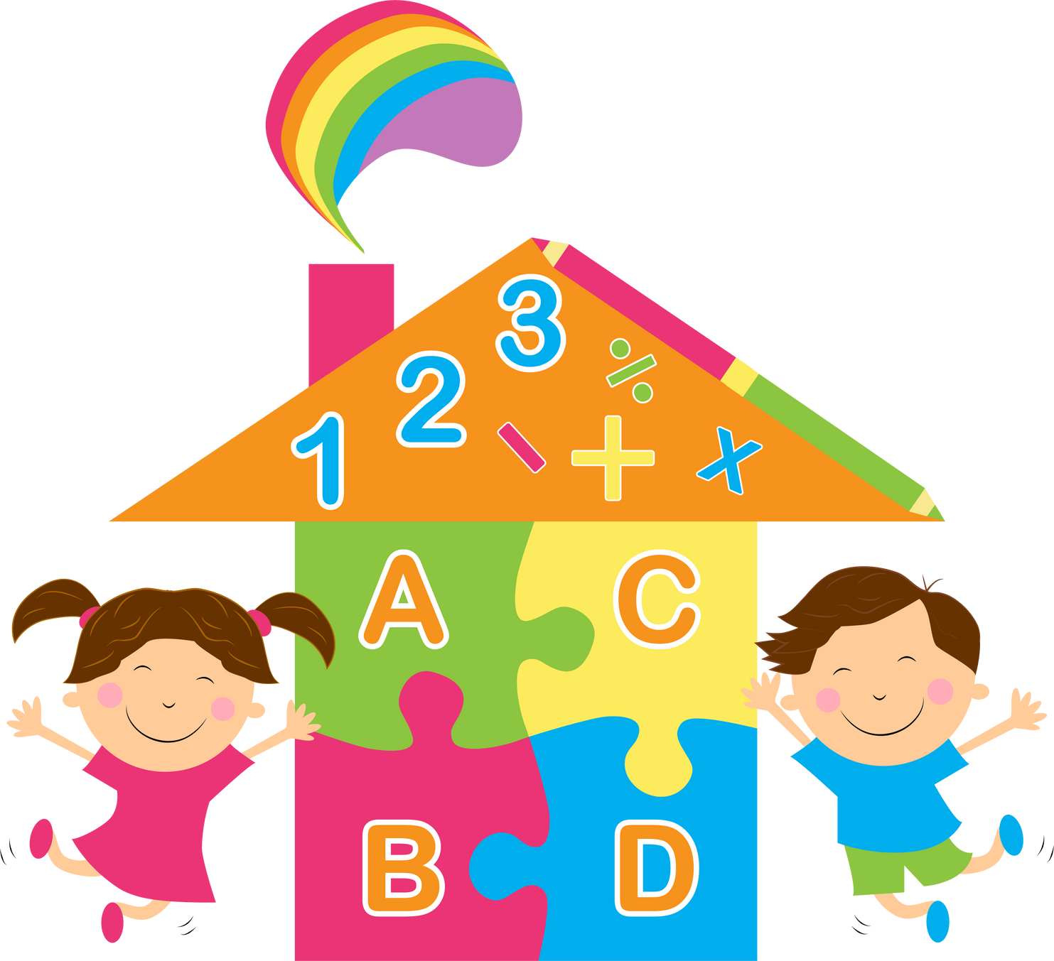 Children with Educational Rainbow House Illustration