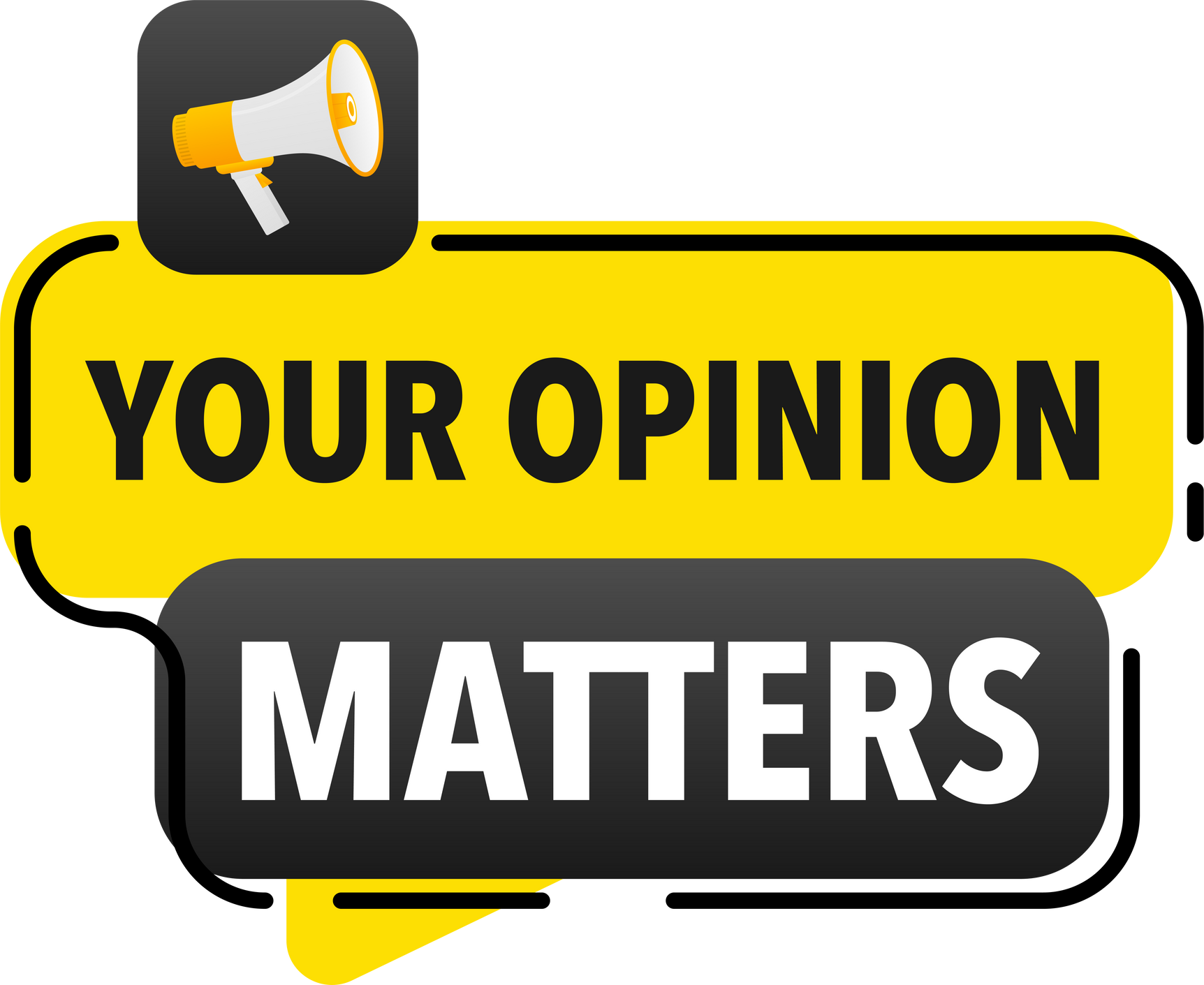 Your opinion matters Announcement Megaphone Label. Loudspeaker speech bubble.